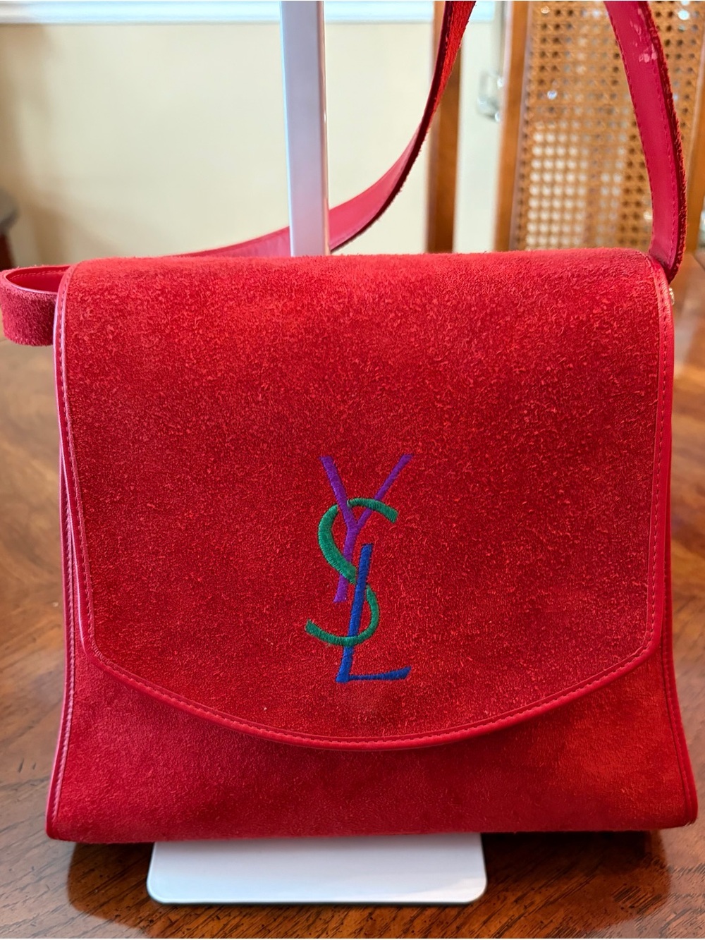 Jaw Dropping Saint Laurent Red Suede shoulder/CB Bag w/ YSL Embroidery -
